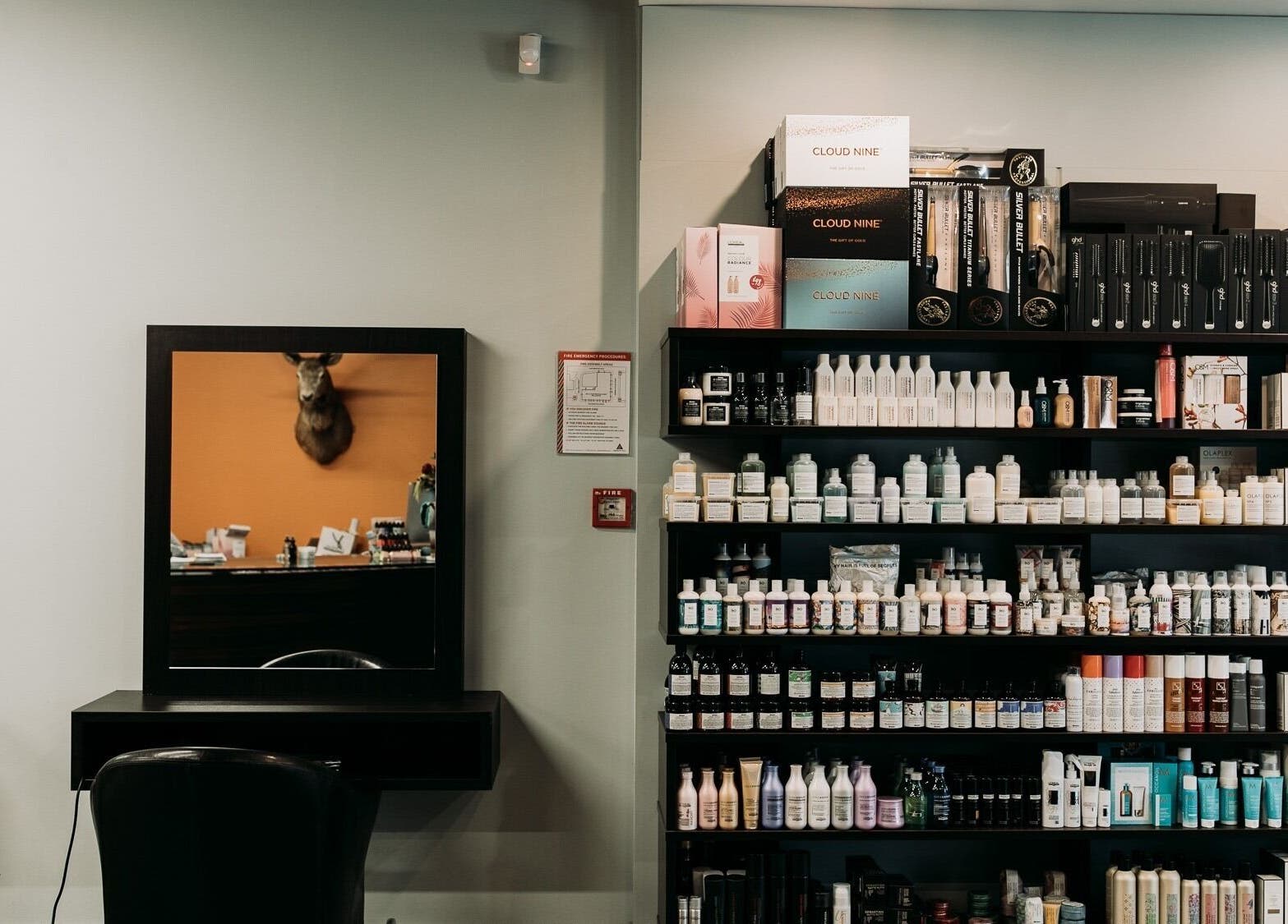 A stylish salon display with products and mirrors at Sable, Wellington, Wellington Region, NZ.