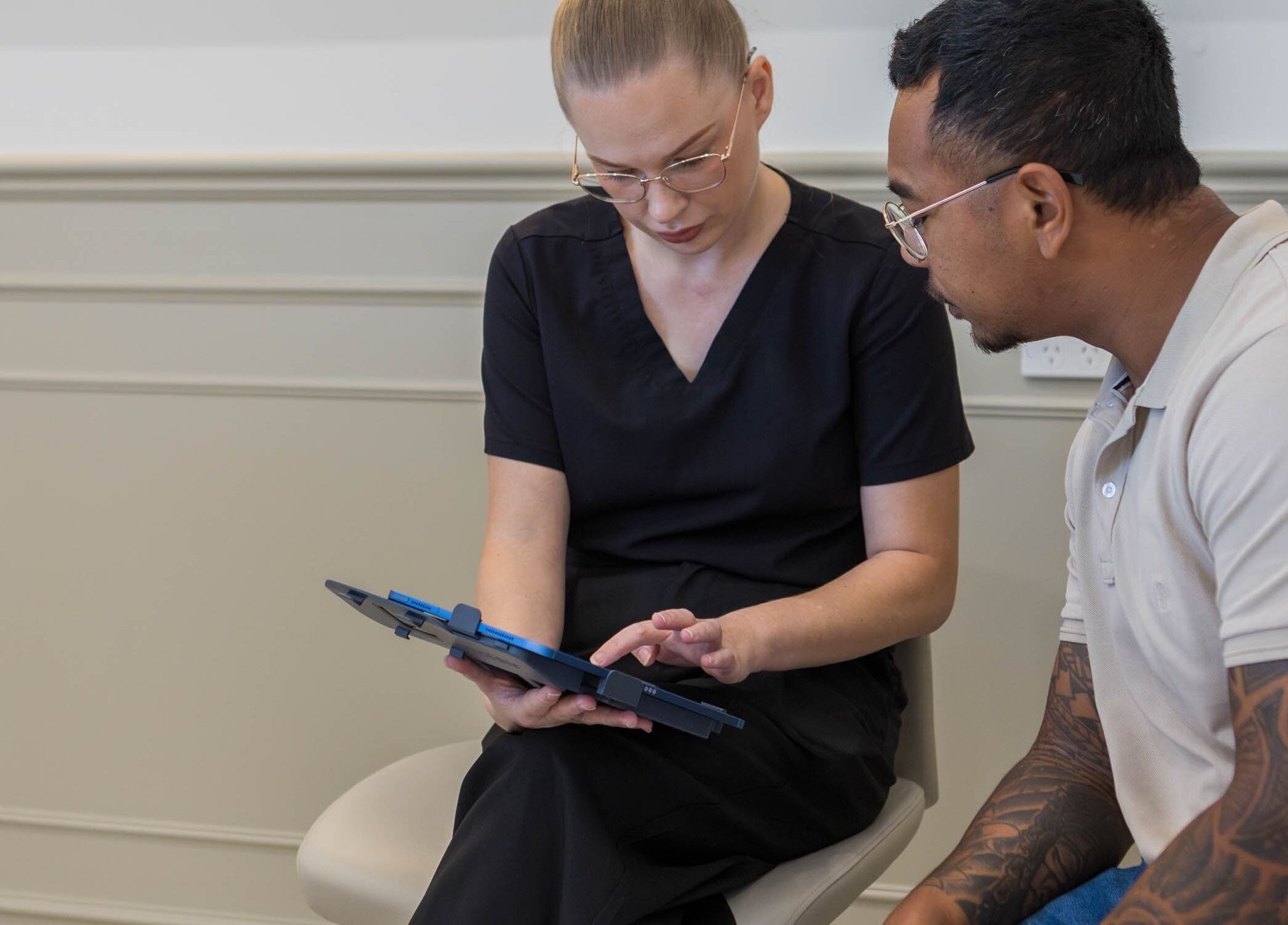 Client consultation at Glow Aesthetics Collective, Ingle Farm, South Australia, AU.