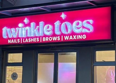 Twinkle Toes salon exterior sign, showcasing nail, lash, brow, and waxing services in Parañaque, Metro Manila, PH.
