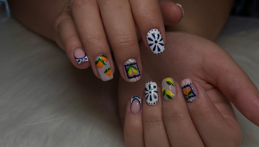 Intricate citrus-themed nail art at Beauty by Bekah, Paisley, Scotland, GB.
