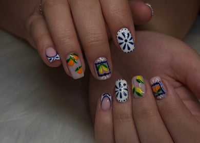 Intricate citrus-themed nail art at Beauty by Bekah, Paisley, Scotland, GB.