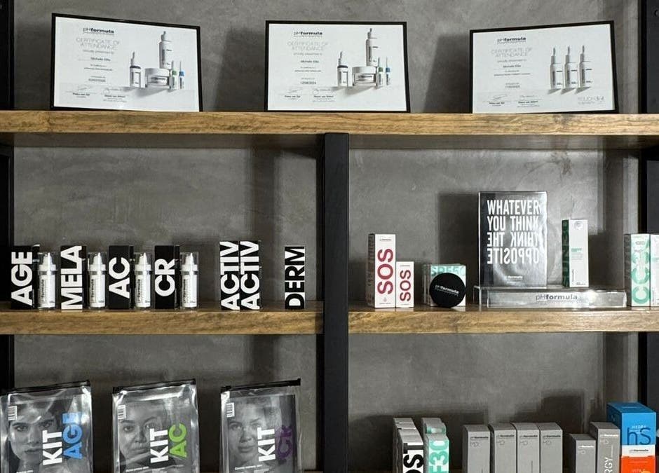 Modern skincare products neatly displayed at Defining Skin Studio, Pretoria, Gauteng, ZA.