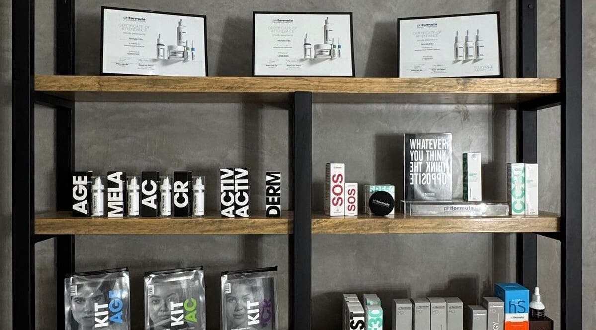 Modern skincare products neatly displayed at Defining Skin Studio, Pretoria, Gauteng, ZA.