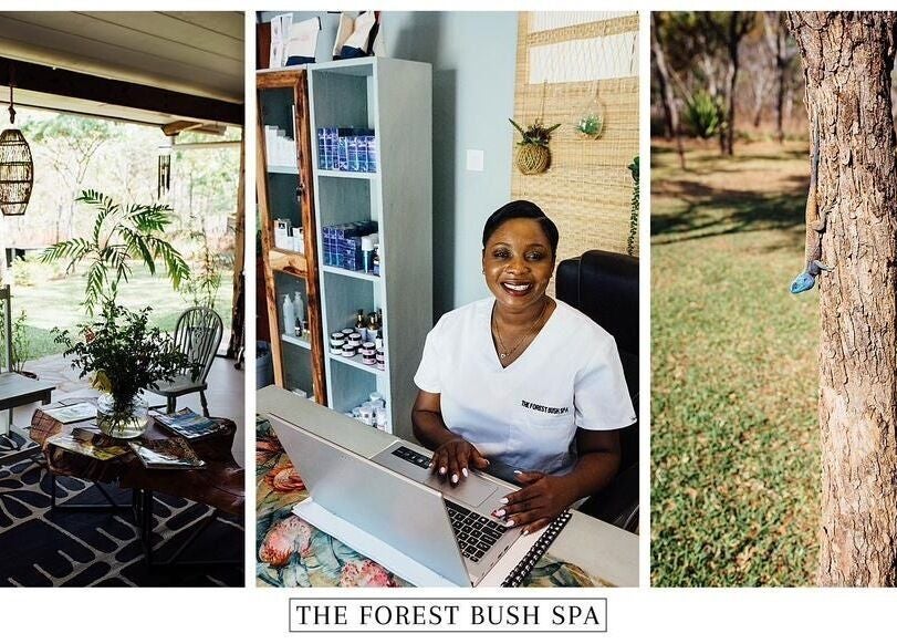 Relaxing interior of The Forest Bush Spa Zambia, Lusaka, with lush greenery and welcoming staff.