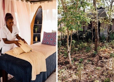 Relaxing spa setup at The Forest Bush Spa Zambia, Lusaka, Lusaka Province, ZM amidst tranquil trees.
