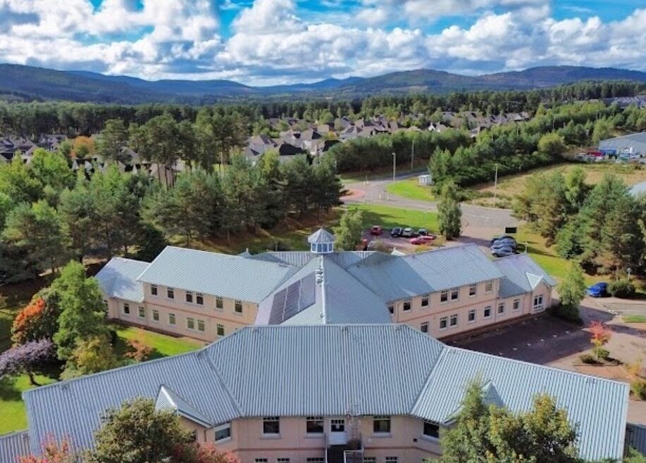 Aerial view of KSP beauty bar surrounded by lush greenery in Banchory, Scotland, GB, highlighting its serene area.