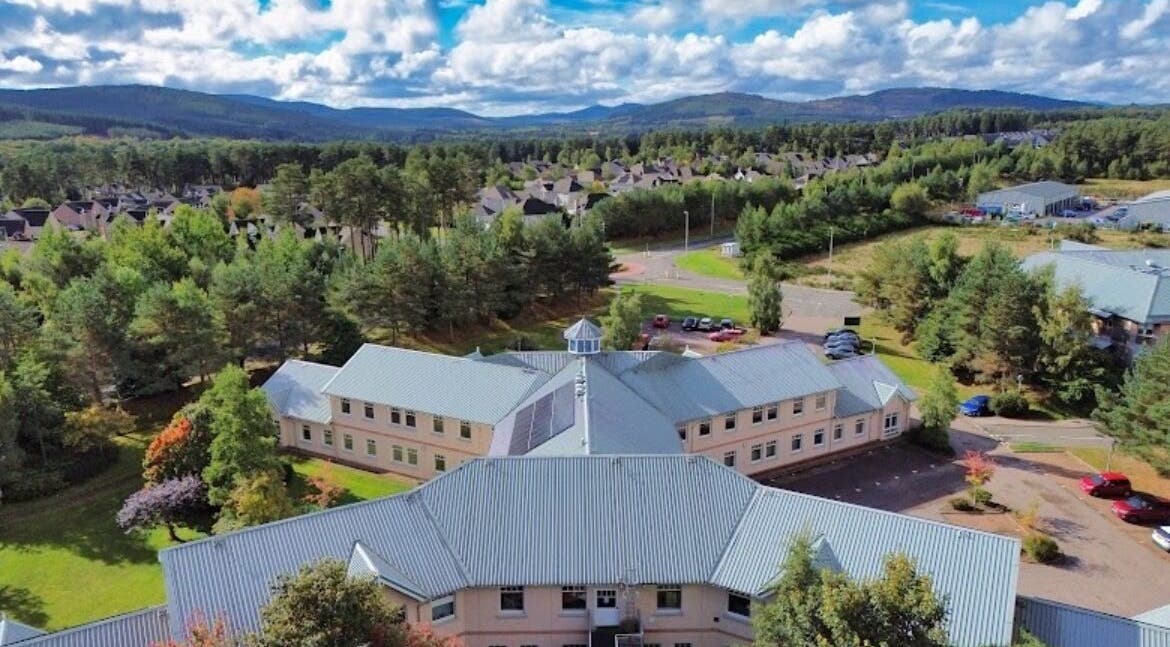 Aerial view of KSP beauty bar surrounded by lush greenery in Banchory, Scotland, GB, highlighting its serene area.