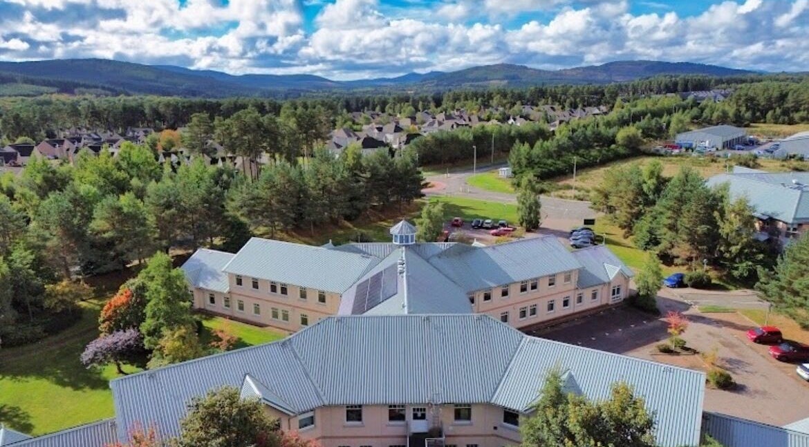 Aerial view of KSP beauty bar surrounded by lush greenery in Banchory, Scotland, GB, highlighting its serene area.