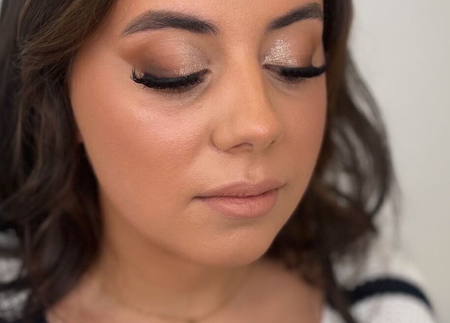 Close-up of elegant makeup style at KSP beauty bar, Banchory, Scotland, GB featuring shimmering eye shadow.