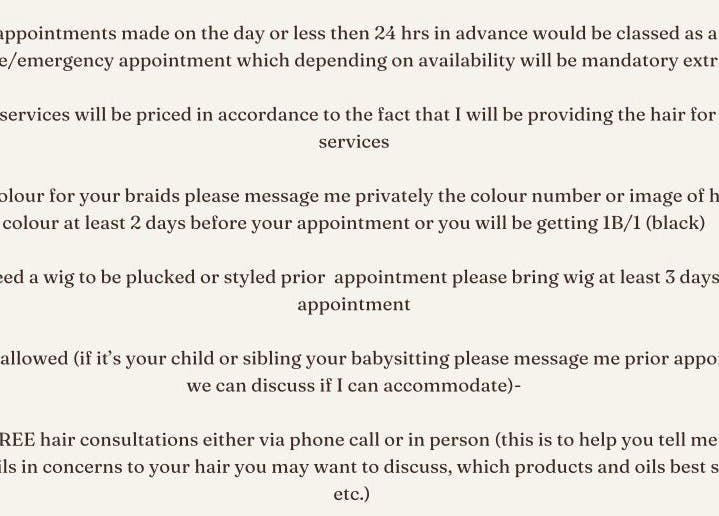 Appointment details and guidelines at CrownedByRay, Coventry, England, GB for braiding services.