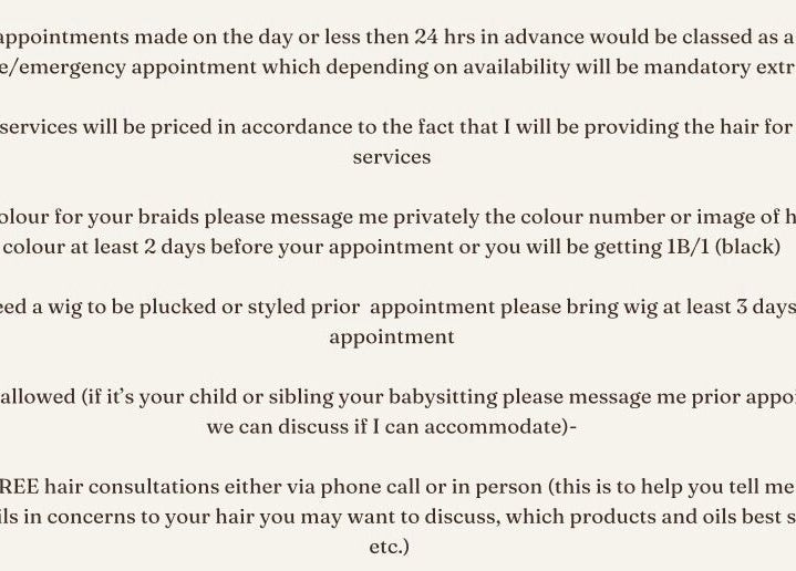 Appointment details and guidelines at CrownedByRay, Coventry, England, GB for braiding services.