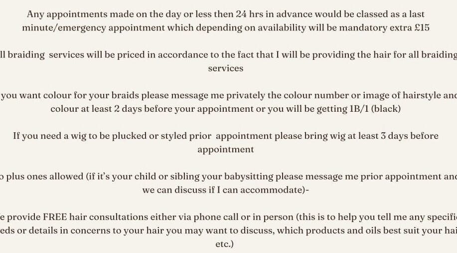 Appointment details and guidelines at CrownedByRay, Coventry, England, GB for braiding services.
