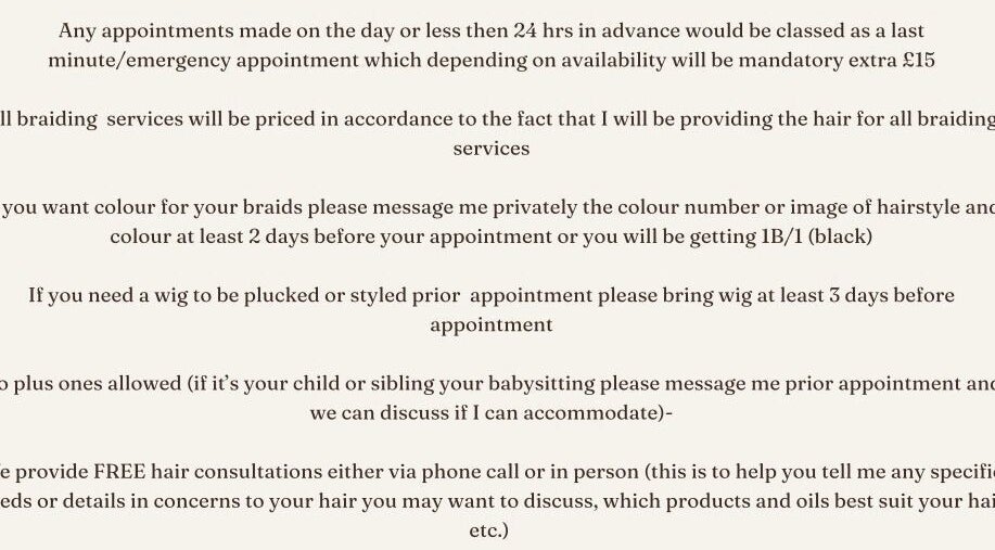 Appointment details and guidelines at CrownedByRay, Coventry, England, GB for braiding services.