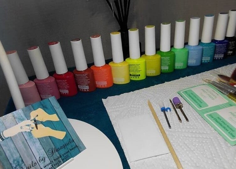 Colorful nail polish and tools at Nails By Shaaquila, Roodepoort, Gauteng, ZA.
