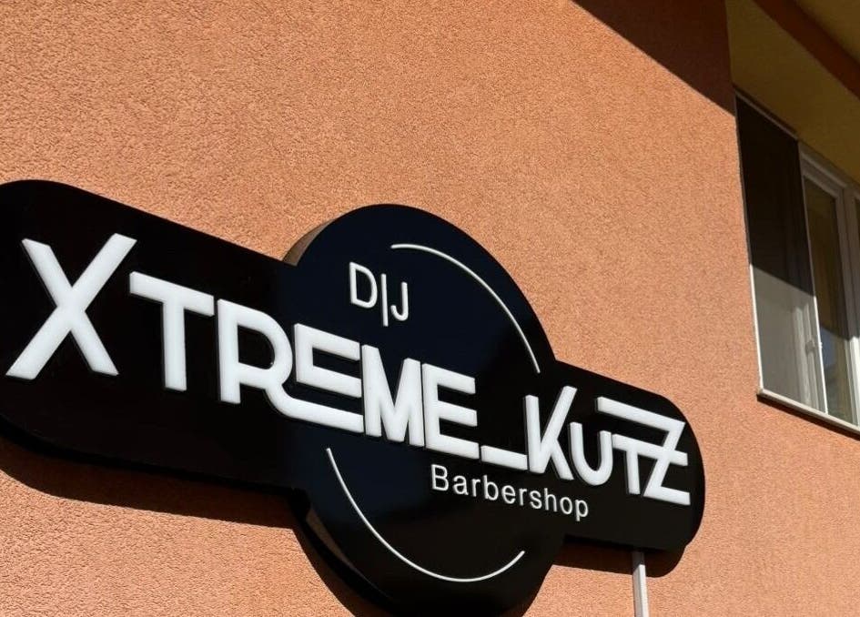 Xtreme Kutz barbershop sign on exterior wall, Varna, Varna, BG.