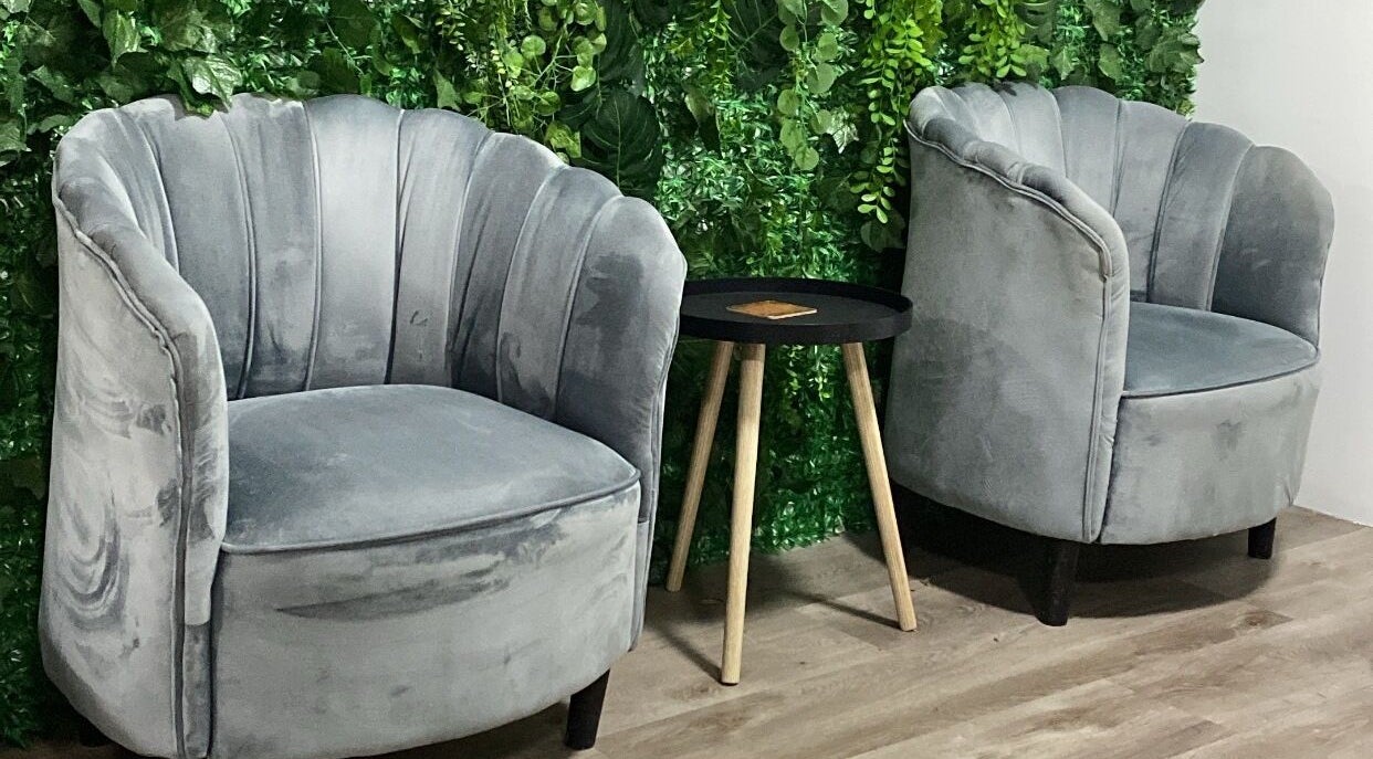 Elegant grey chairs and table at Top Coated Lounge, Somerset West, Western Cape, ZA.