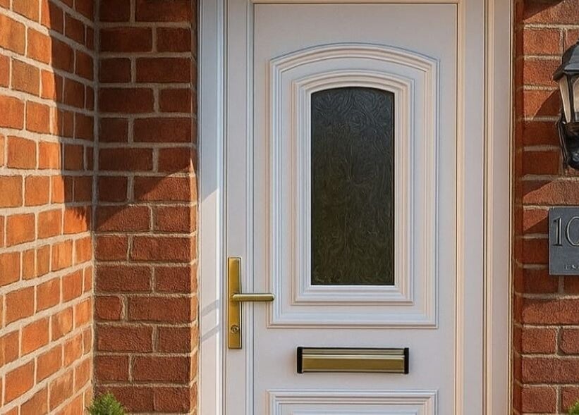 Entrance to Life Holistics, white door with gold handle in North Shields, England, GB.