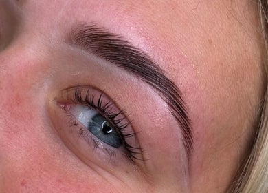 Close-up of beautifully styled eyebrows at BeautyByIz, Bramley, England, GB.