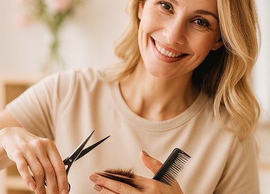 Lächelnde Friseurin bei MPL-Hairstyling in Stuttgart, Baden-Württemberg, DE, beim Haarschneiden.