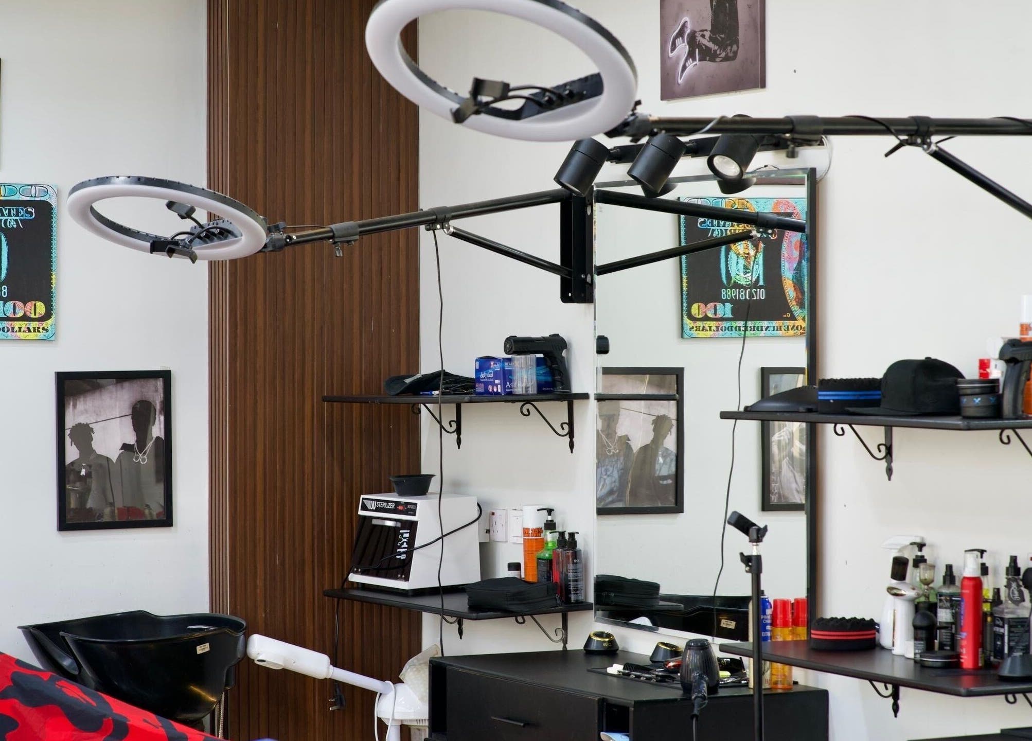 Faded salon interior with modern decor and hair styling tools in الخبر, المنطقة الشرقية, SA.