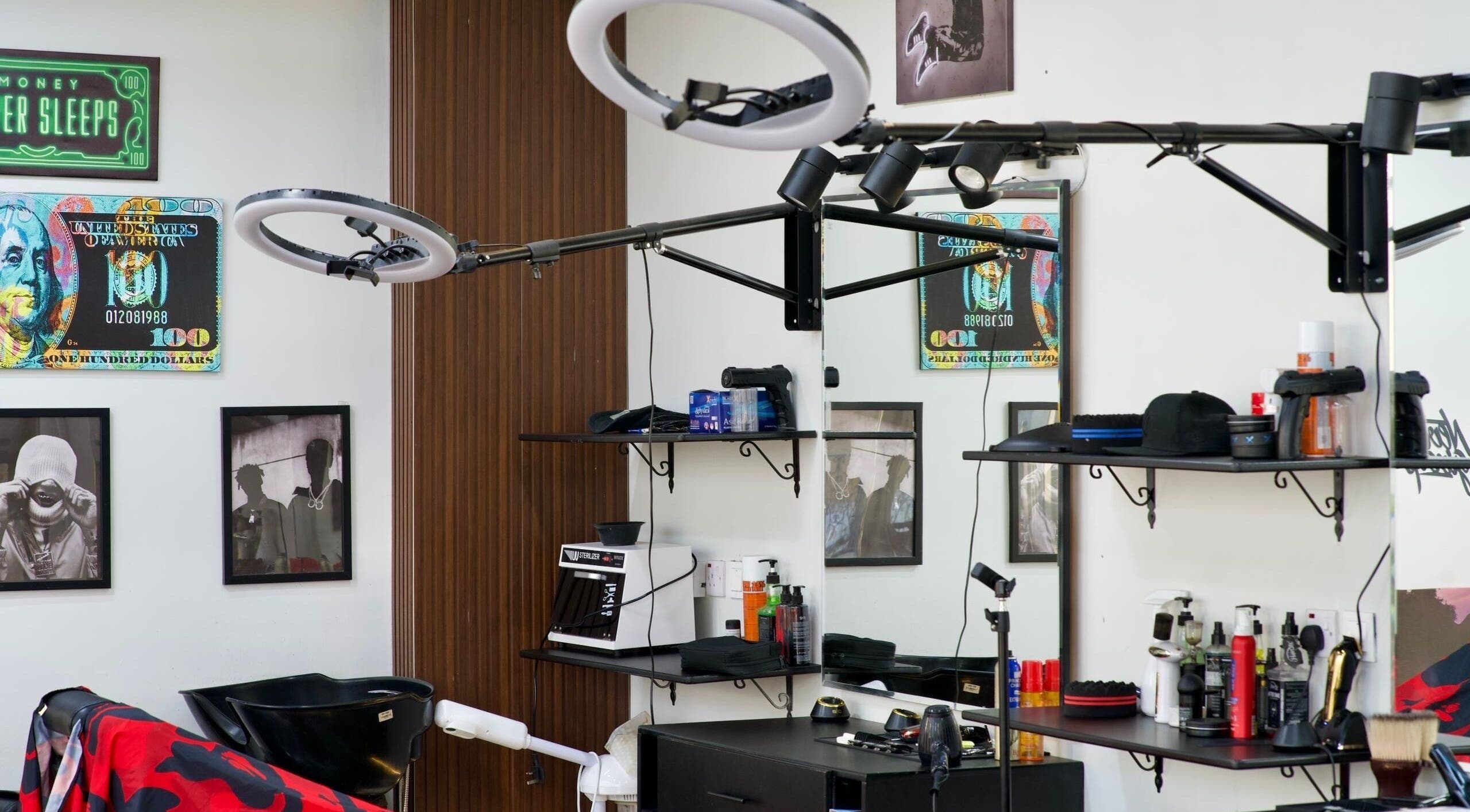 Faded salon interior with modern decor and hair styling tools in الخبر, المنطقة الشرقية, SA.