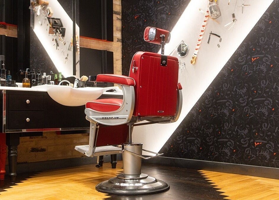Luxurious barber chair at London Bridge - Borough Yards, Ted's Grooming Room, London, England, GB.