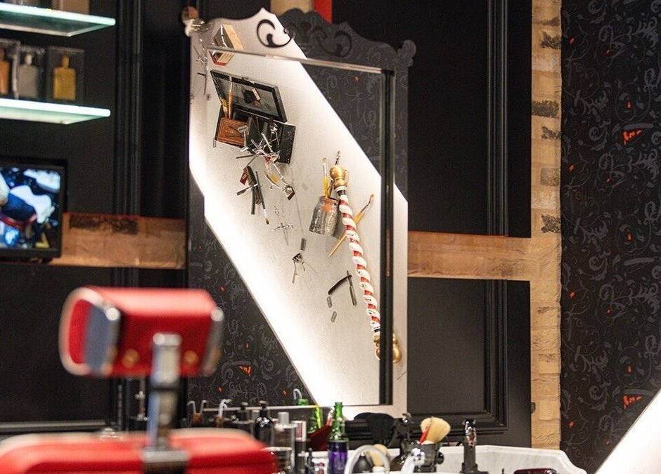 Stylish barber chair and tools at Ted's Grooming Room, London Bridge - Borough Yards, London, England, GB.