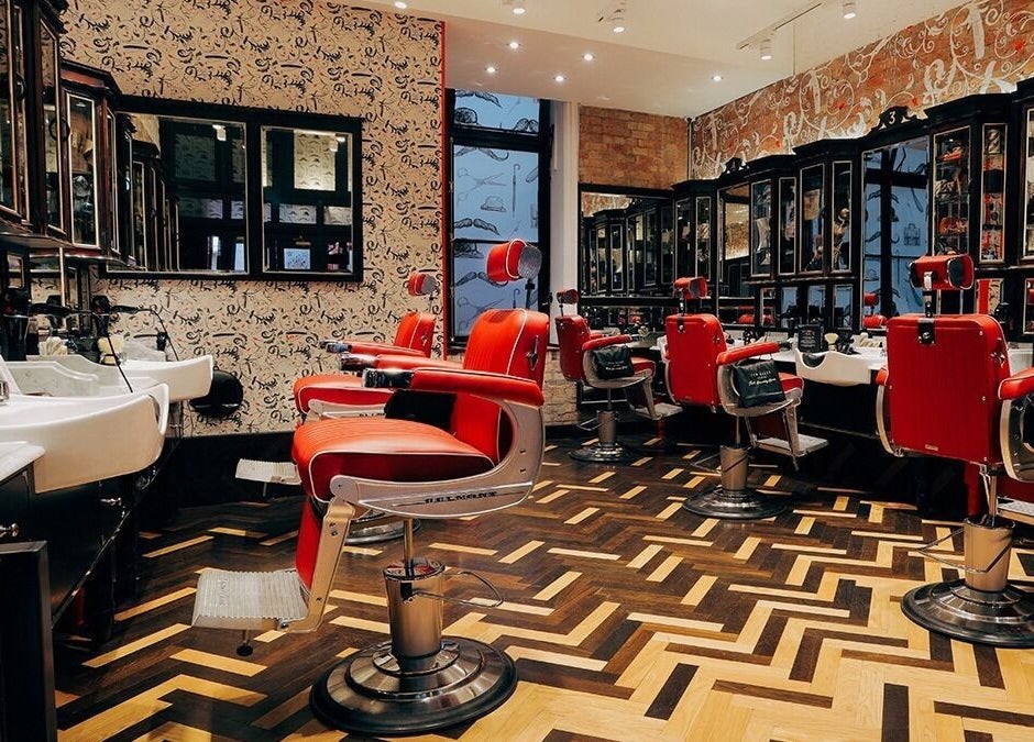 Retro barber chairs in Moorgate, Ted's Grooming Room, London, England, GB showcase classic elegance.