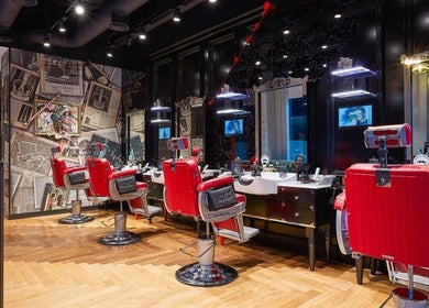 Classic barber chairs at St. James's Park - Butler Place, Ted's Grooming Room, London, England, GB.