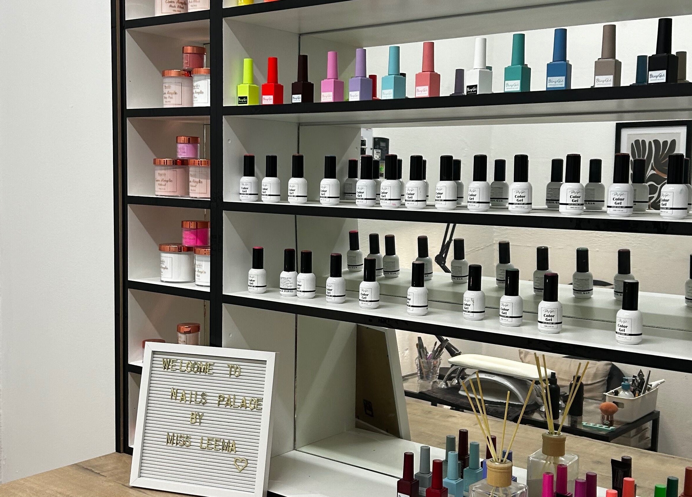 Colorful nail polish display at @PALACE, Potchefstroom, North West, ZA spa for beauty enthusiasts.