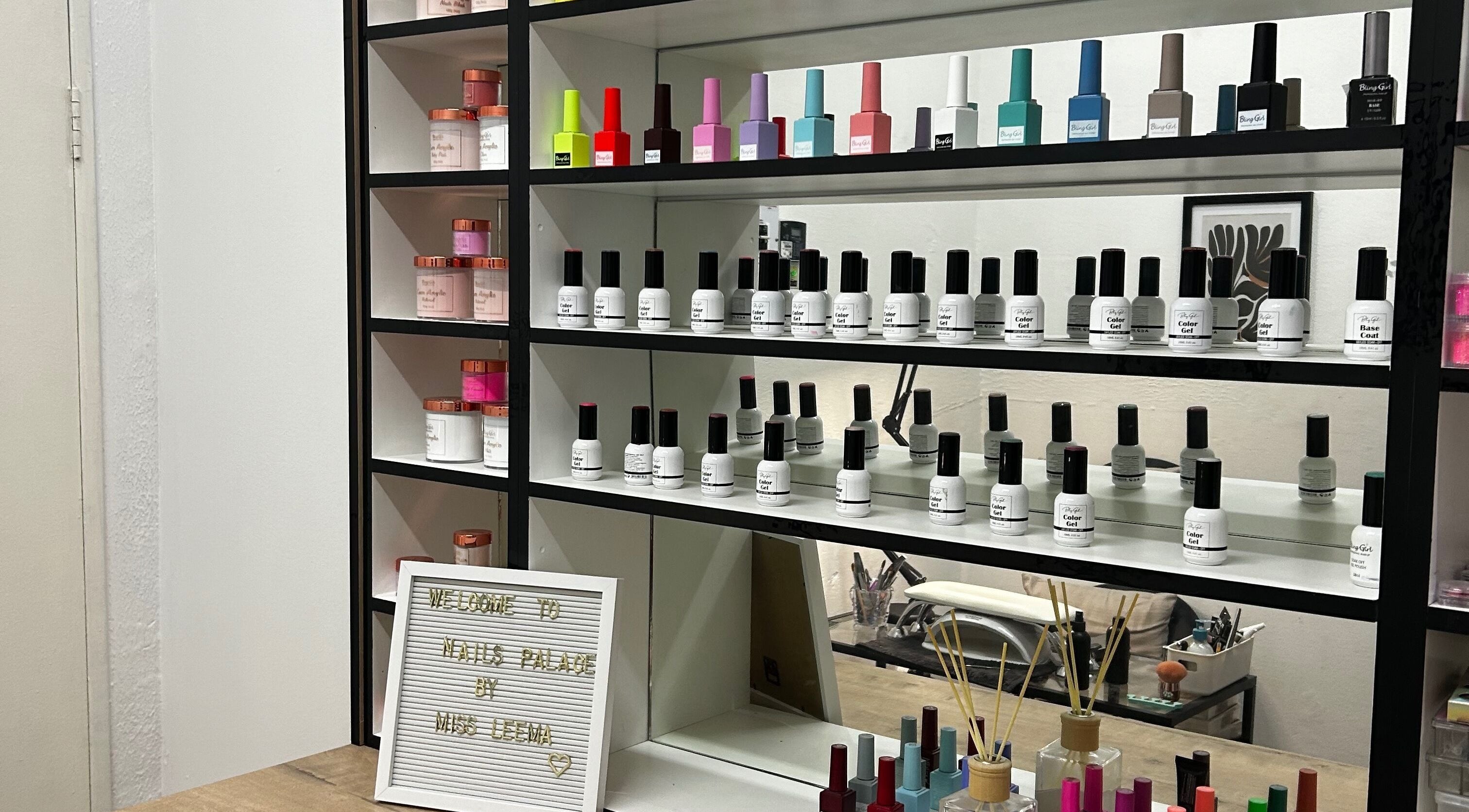 Colorful nail polish display at @PALACE, Potchefstroom, North West, ZA spa for beauty enthusiasts.