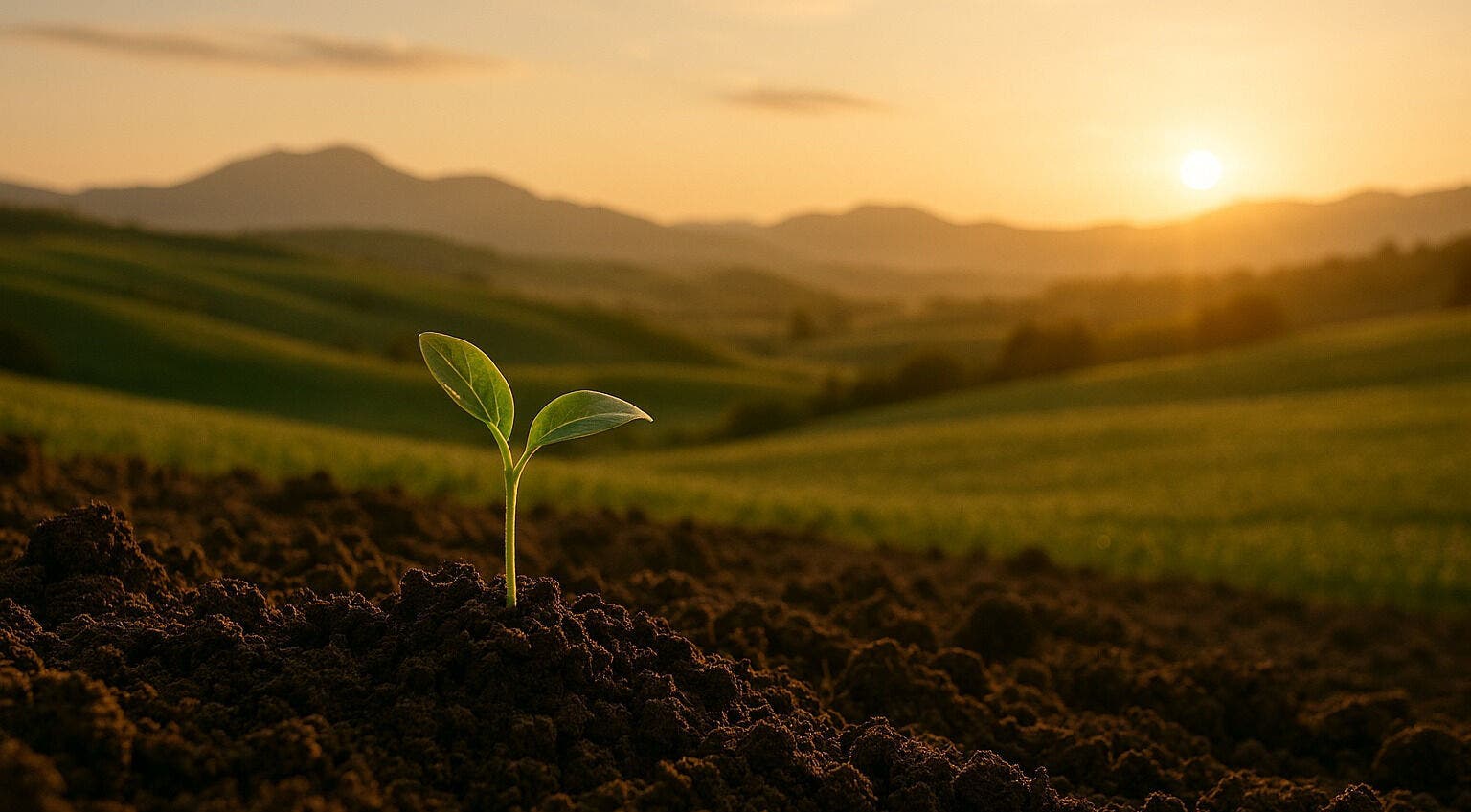 A sprout emerges in a sunlit field near Balanced Thoughts, Hull, England, GB.