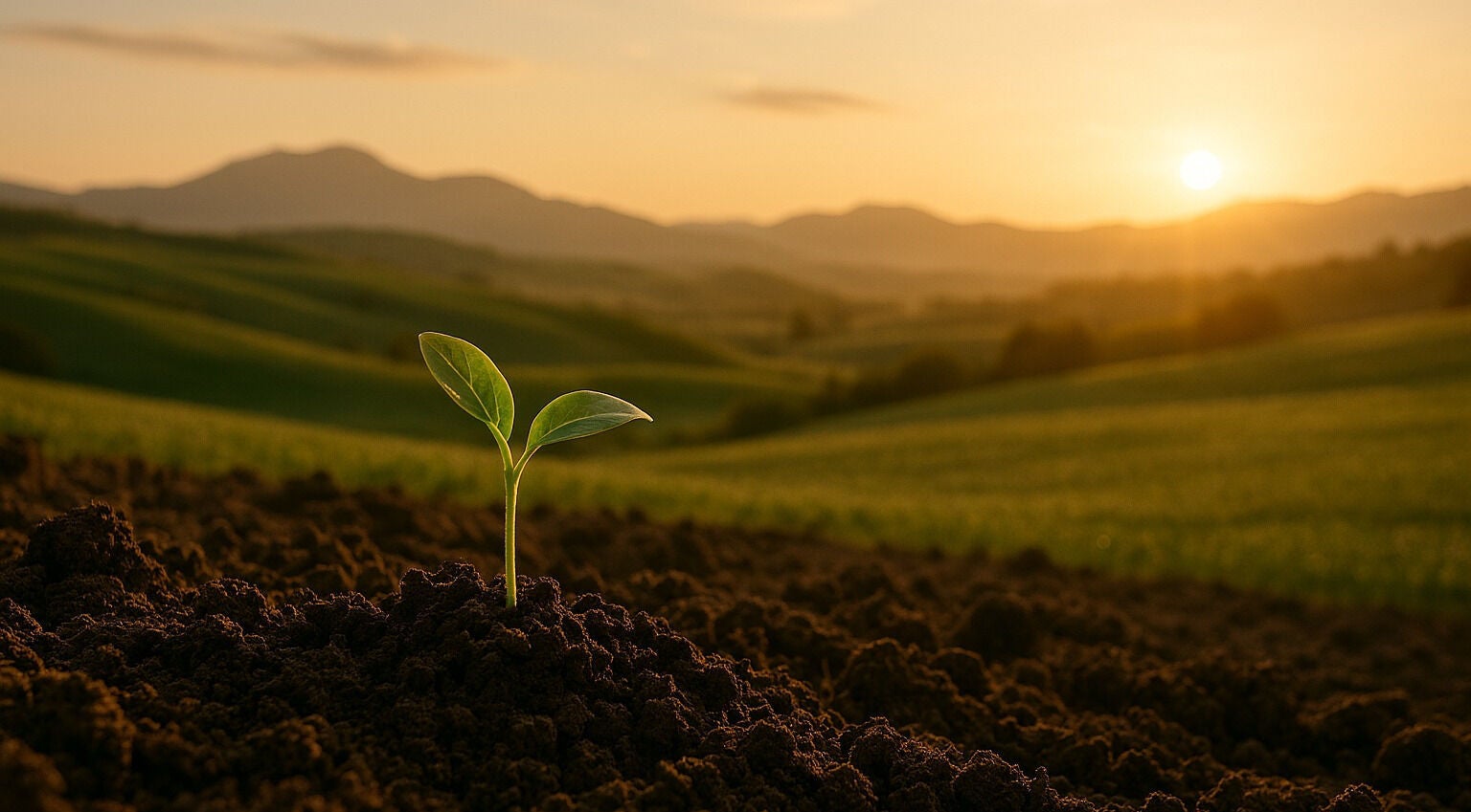 A sprout emerges in a sunlit field near Balanced Thoughts, Hull, England, GB.