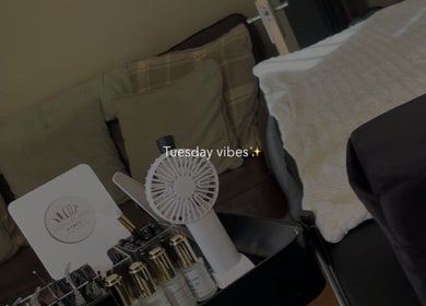Relaxing treatment area at Lashes By Jessie, London, England, GB. Tranquil vibes and beauty essentials.
