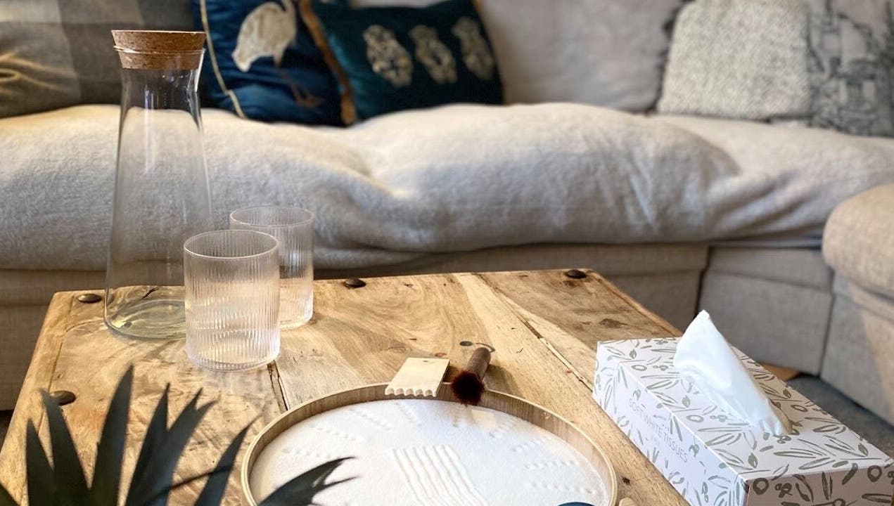 Cozy therapy room at Keystone Counselling Beverley, Beverley, England, GB with wooden table and comfy sofa.