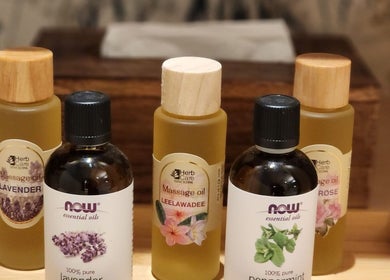 Aromatherapy oils at Thai Wellbeing Massage, Maidstone, England, GB, showcasing relaxation and wellness.