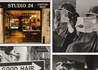 Extérieur du Studio24, salon de coiffure élégant à Bordeaux, Nouvelle-Aquitaine, FR sous une enseigne noire.