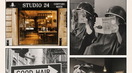 Extérieur du Studio24, salon de coiffure élégant à Bordeaux, Nouvelle-Aquitaine, FR sous une enseigne noire.