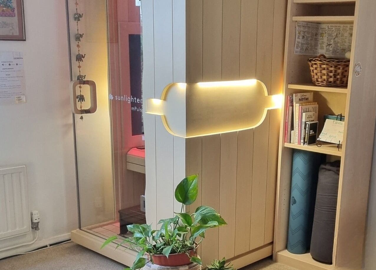 Ochroma home Sauna offers cozy relaxation in Brighton And Hove, England, GB, with warm lighting and natural decor.