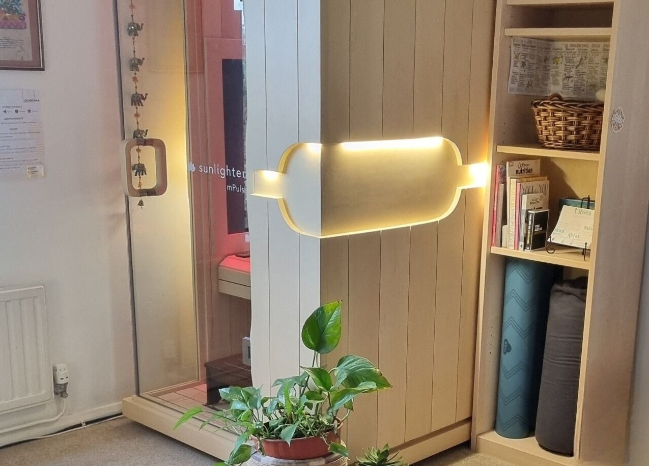 Ochroma home Sauna offers cozy relaxation in Brighton And Hove, England, GB, with warm lighting and natural decor.