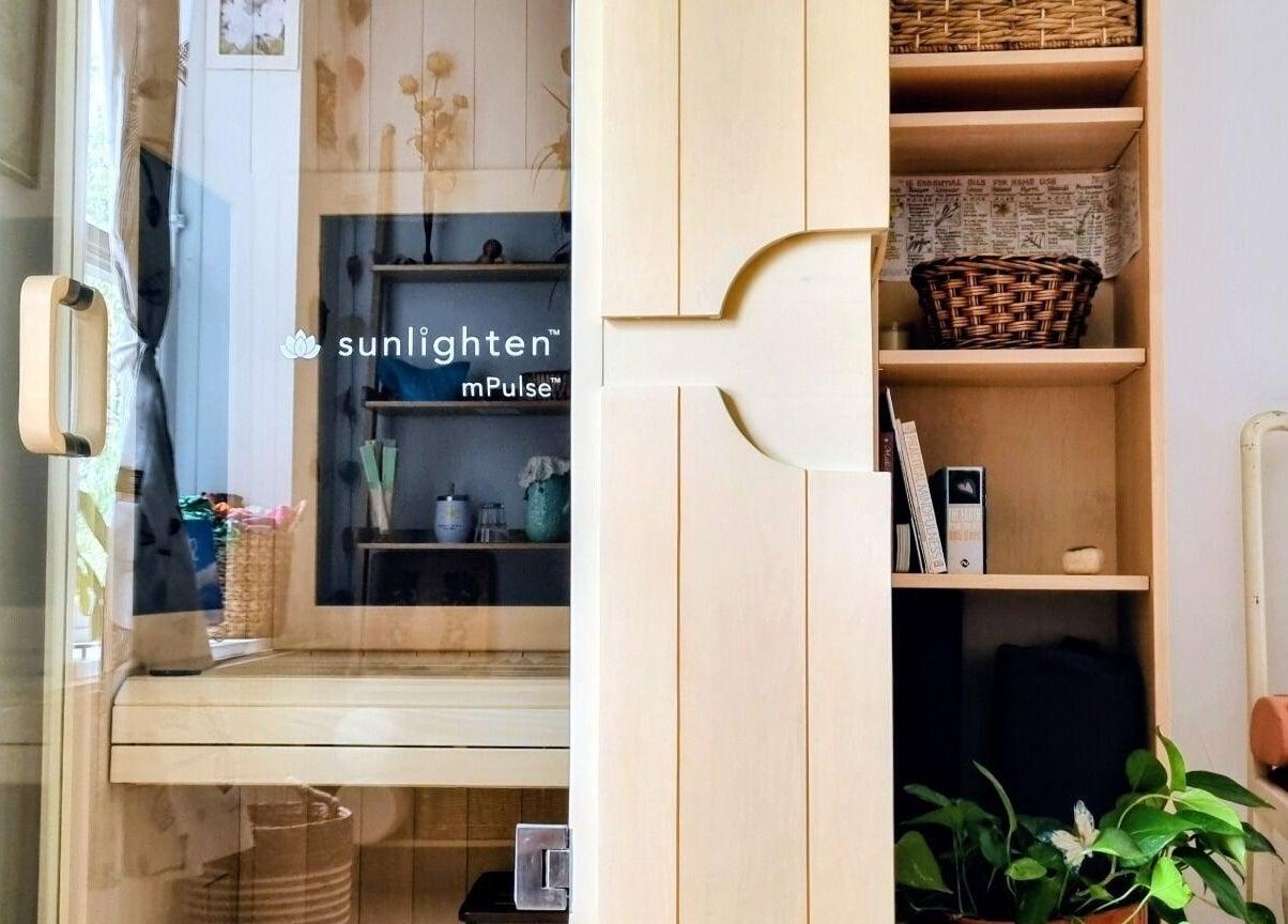 Ochroma home Sauna in Brighton And Hove, England, GB featuring a tranquil wellness space and elegant decor.