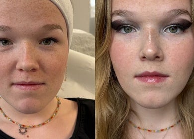 Transformation maquillage à Beauté&couleurs, Saint Georges sur erve, FR, avant et après.