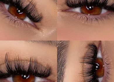 Close-up of eyelash extensions at Refined Beauty, Hereford, England, GB showcasing intricate lash designs.