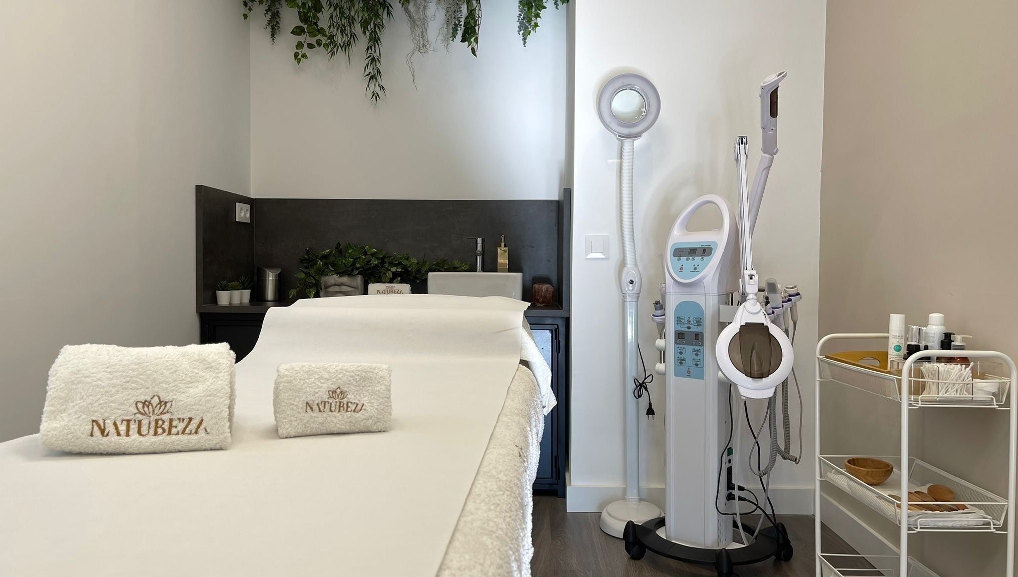 Sala de tratamientos elegante en Natubeza, Barcelona, Catalunya, ES con equipos de belleza avanzados.