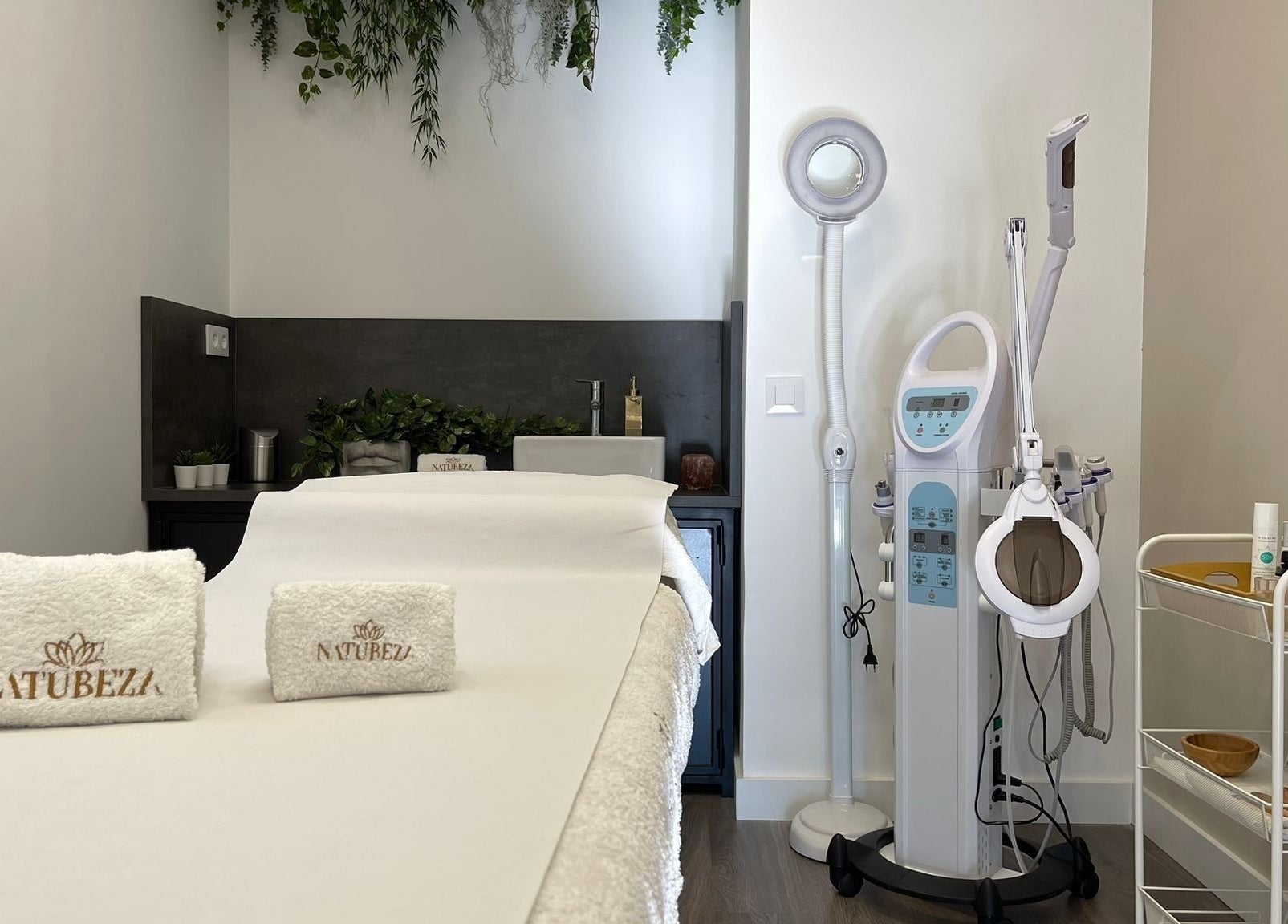 Sala de tratamientos elegante en Natubeza, Barcelona, Catalunya, ES con equipos de belleza avanzados.