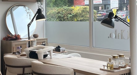 Elegant nail station at Katejnails, Whitefield, England, GB, with a stylish mirror and natural decor.
