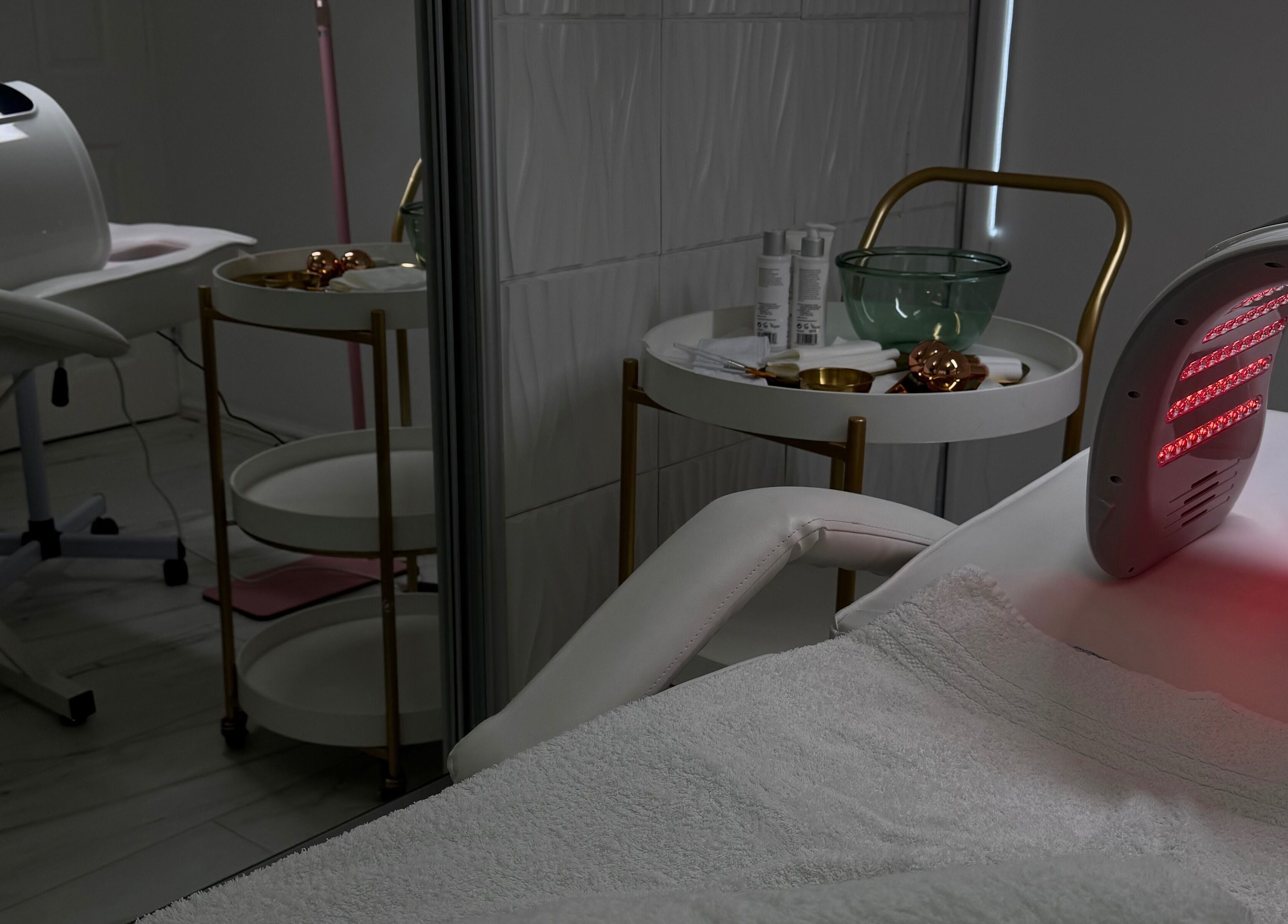 LED therapy setup at The Angel Aesthetics in Birmingham, England, GB, showcasing a modern treatment room.
