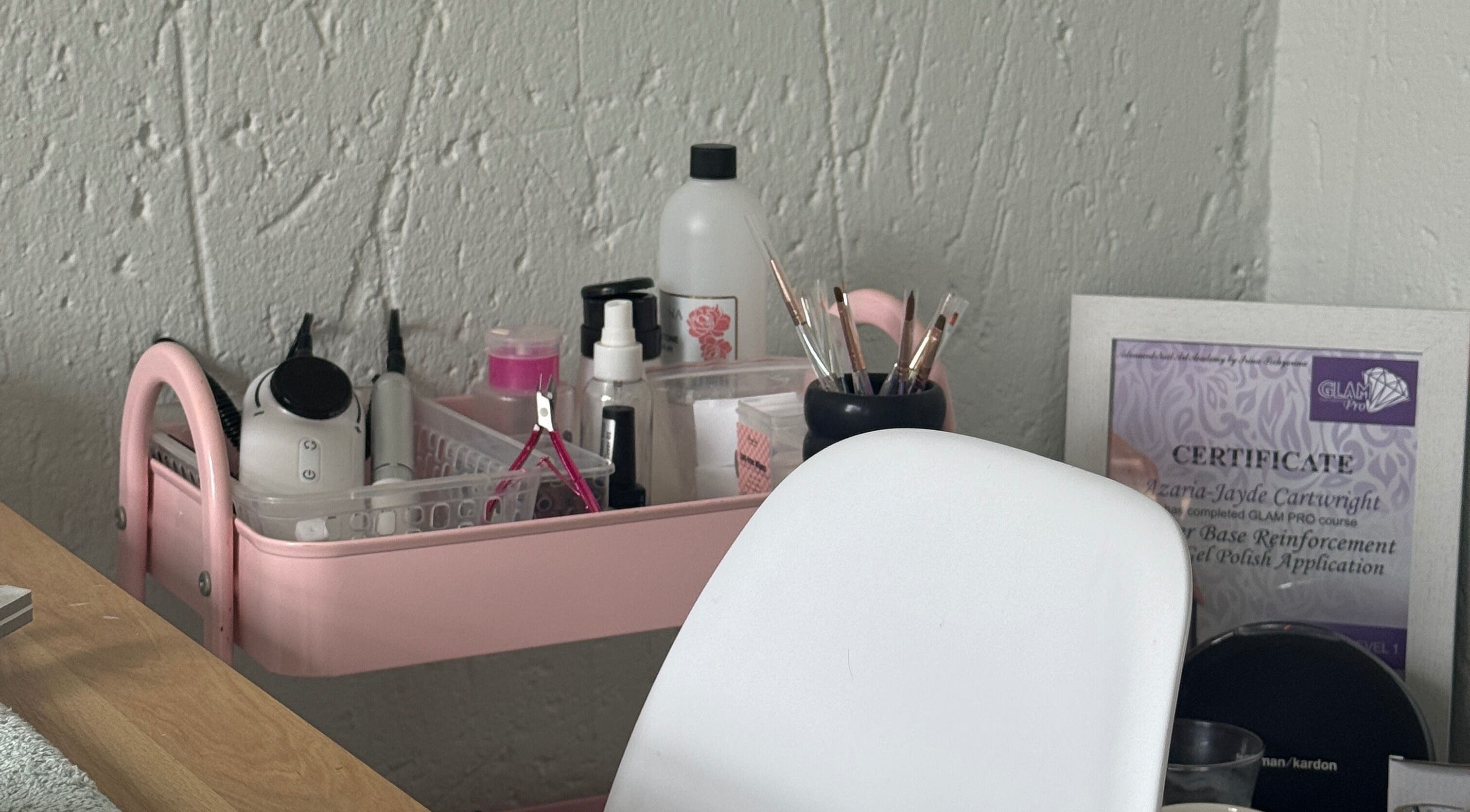 Beauty With Age workspace in Benoni, Gauteng, ZA featuring a pink cart with beauty essentials and a certificate.