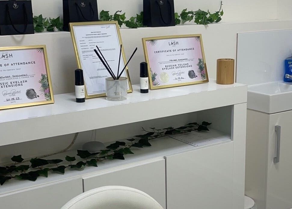 Elegant display of eyelash extension certificates at Classylovelash in Birmingham, England, GB.