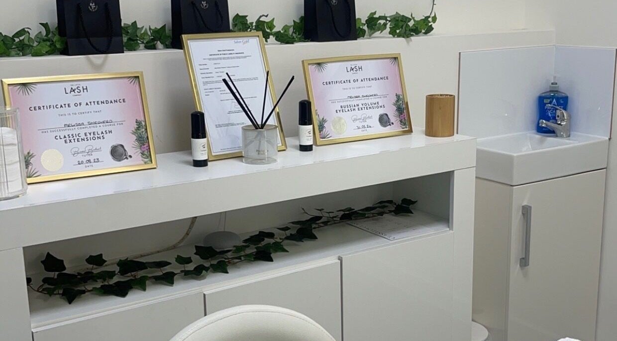 Elegant display of eyelash extension certificates at Classylovelash in Birmingham, England, GB.